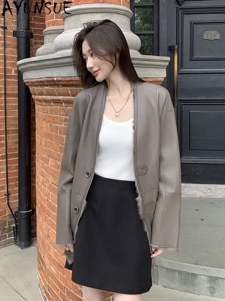 AYUNSUE 2025 양면 Shearling 자켓 여성 v 넥 천연 양모 럭셔리 자켓 여성 의류 느슨한 진짜 모피 자켓