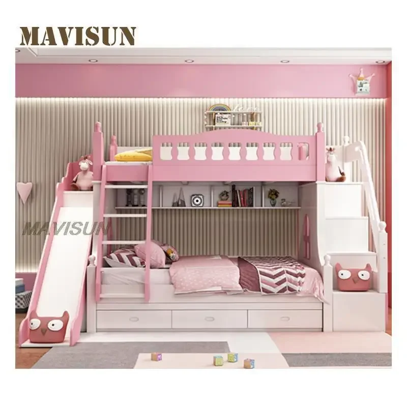 bed Modern Small Apartment Home Furniture Nordic Style Children Two-Layer With Drawers Suitable Pink Bunk  With Slide