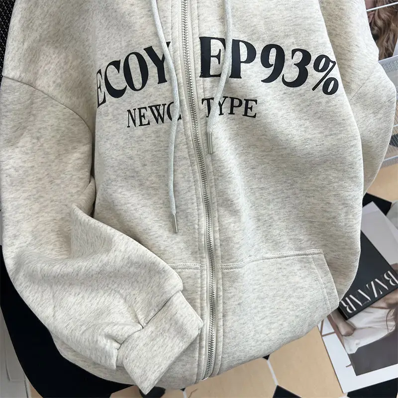 Fashion Korean personality simple college lazy double layer sweatshirt winter American women cardigan zipper couple jacket top