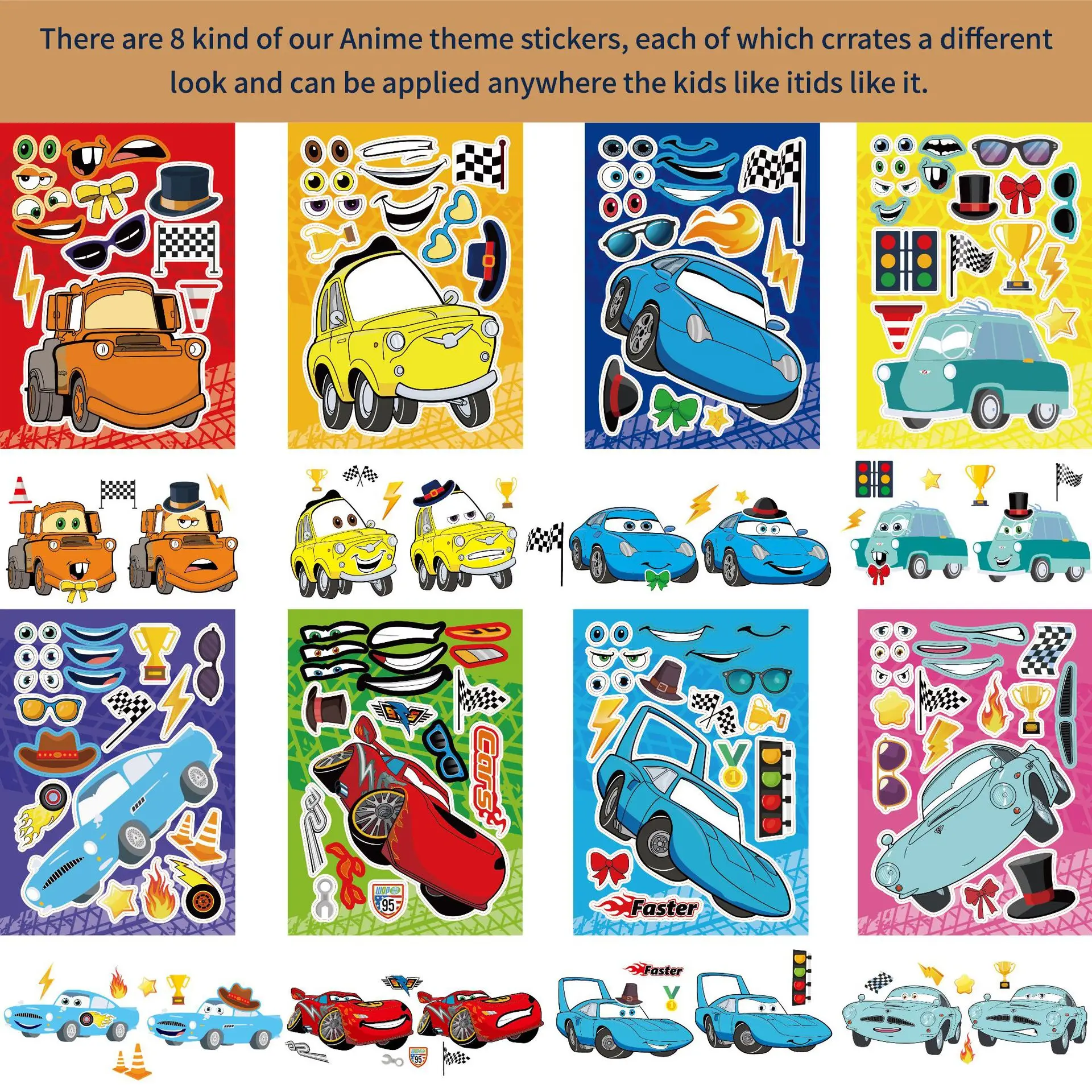 8/16Sheets Disney Cars Make-a-Face Puzzle Sticker DIY Phone Laptop Luggage Skateboard Graffiti Decals Fun for Kid Gift