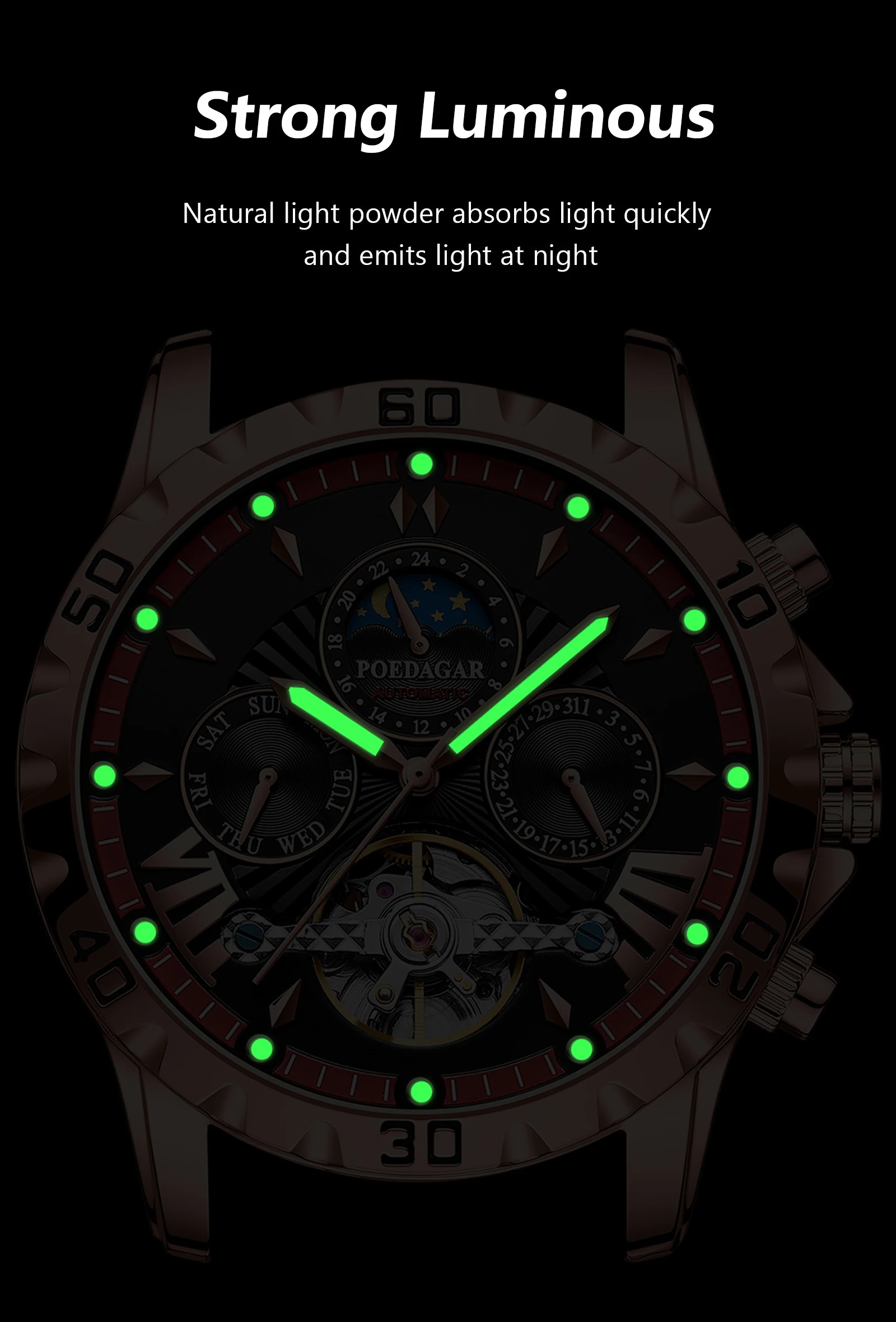 POEDAGAR Luxury Automatic Mechanical Men Watch Hollow Tourbillon Waterproof Luminous Male Clock Week Date Business Men's Watches