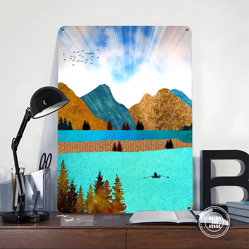 Morning Lake Rower 3D Printed Texture Poster Personalized Wall Art Retro Metal Tin Signs for Decoration Bedroom Accessories Home