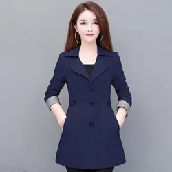 Women Spring and Autumn Fashion New Suit Collar Trench Solid Color Cultivation Button Pockets Splicing Versatile Mid-length Coat