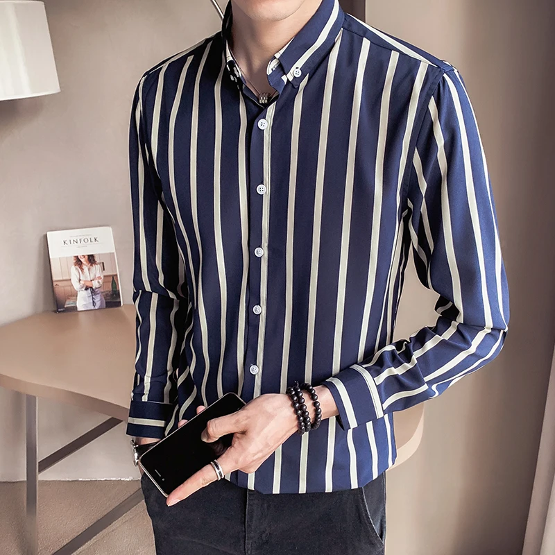 

Long Sleeve Striped Anti-Wrinkle Slim Fit Men's Shirt Fashionable Business Outerwear Spring Autumn New Arrival High End Casual