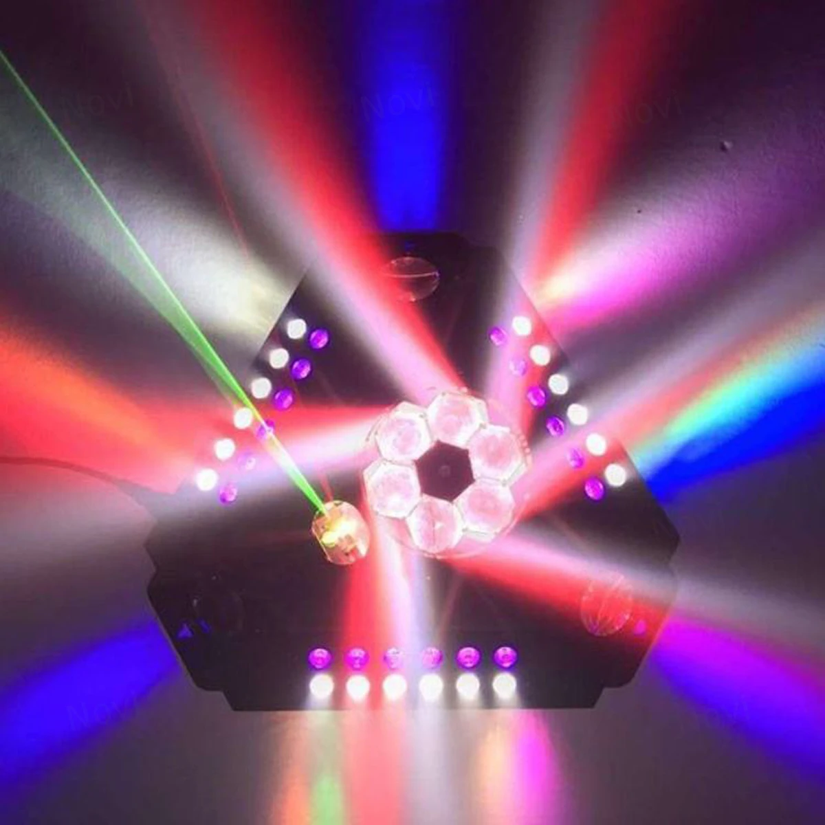 7 Functions Multi-effect LED DMX512 Light with Bubble Beam RG Laser UV Strobe Bee Pattern and Voice Control for Disco Party DJ