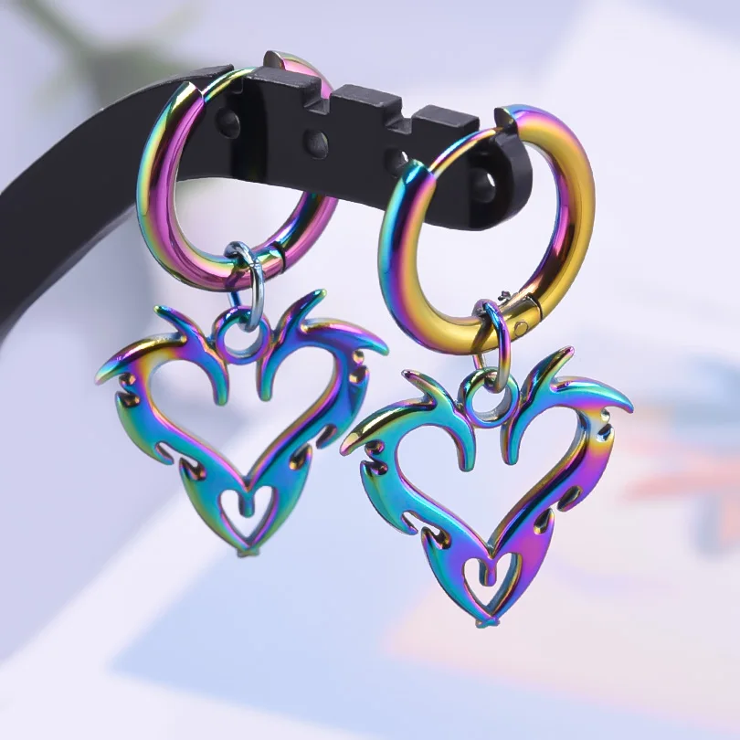 Rainbow Stainless Steel Earrings For Women/Men Vintage Jewelry Hoop Ear Piercing Heart Moon Charm Earring Pendientes Aretes Gift