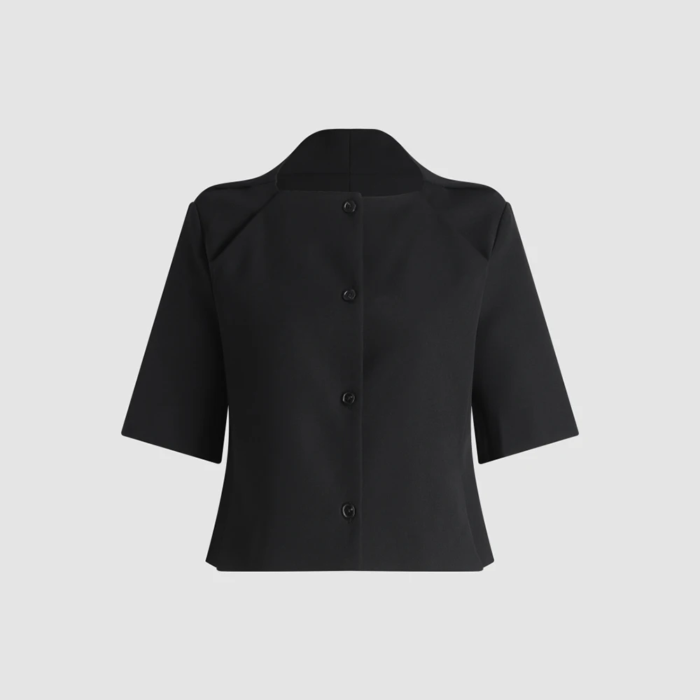Ladies Cropped Blazer Stand Neck Mid Sleeve Single Breasted Button Short Jacket Slim Office Commuter Elegant Women Outer Coat