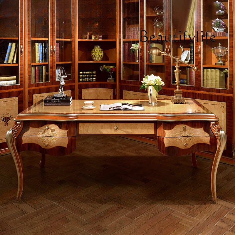 

European solid wood carving flower desk book chair French computer desk leather art back chair home desk