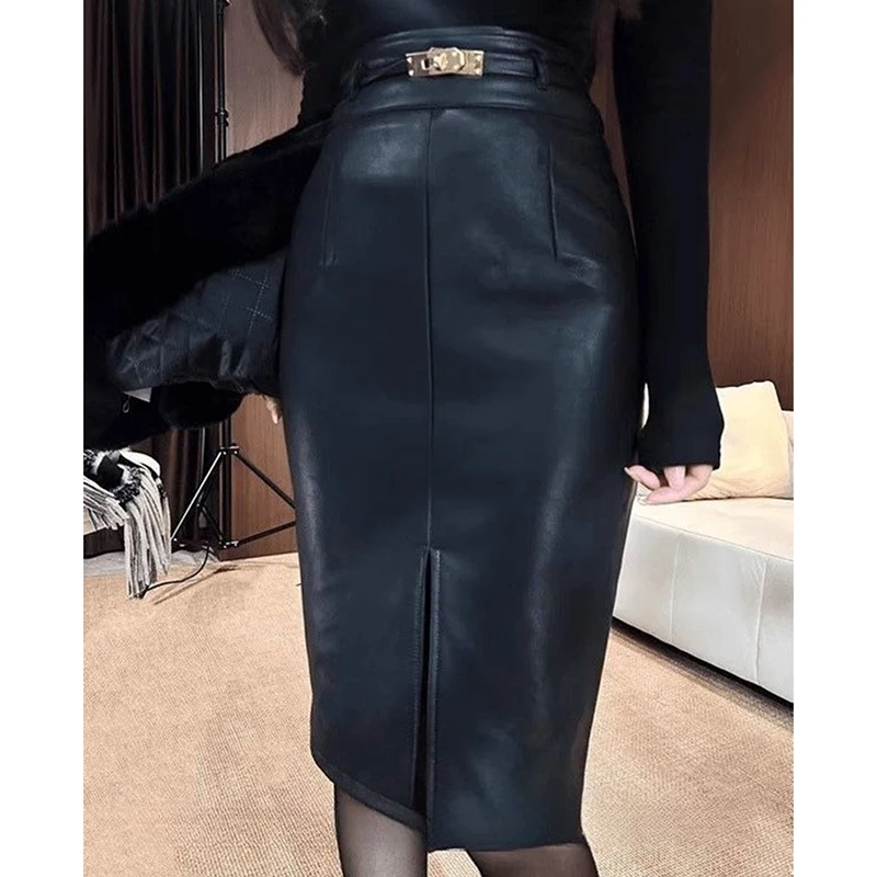 Koreanische Sexy Bodycon Schlank Rock Frauen Hohe Taille Gürtel Schlitz Midi Rock Pendler Elegante Solide Klassische Einfache Büro Dame Rock