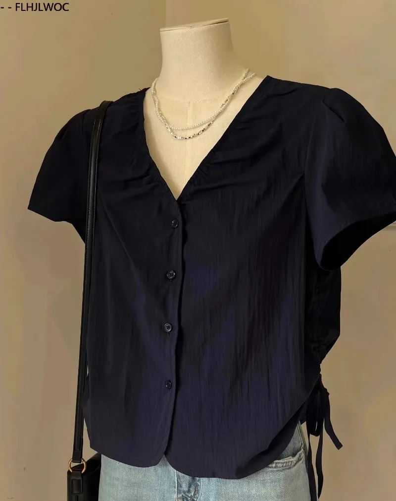 ผ้าฝ้ายผสมเสื้อใหม่แฟชั่นผู้หญิงฤดูร้อนแขนสั้น V คอน่ารักสาวหวาน Solid Shirring Draped ปุ่มเสื้อ