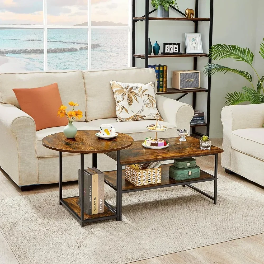 Coffee Table, Mid Century Modern Coffee Table for Living Room Rustic Farmhouse Center Table 2 in 1Detachable Table Set, R