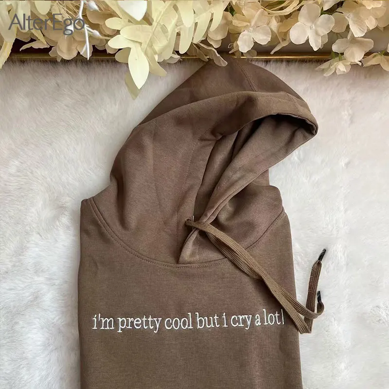 Embroidered I'm Pretty Cool But I Cry A Lot Hoodies Wipe Tears Hear Shirt Unisex Hoodie Funny Gift for Girlfriend Anxiety Hoodie