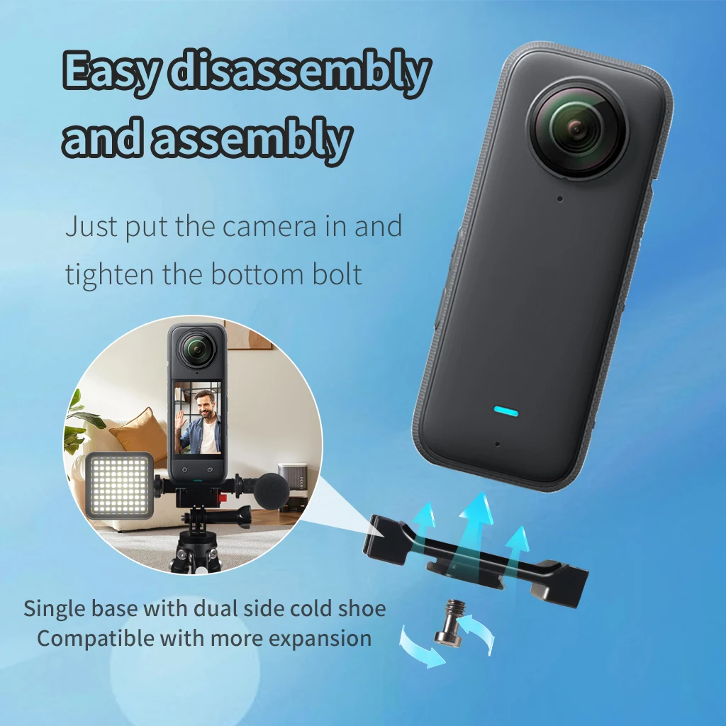Aluminium-Schnellwechselbasis Magnetischer Klappbarer Stativadapter mit 2x Kaltschuhhalterungen für Insta360 X6 X5 X4 X3 Panorama-Actionkamera – Detail 4