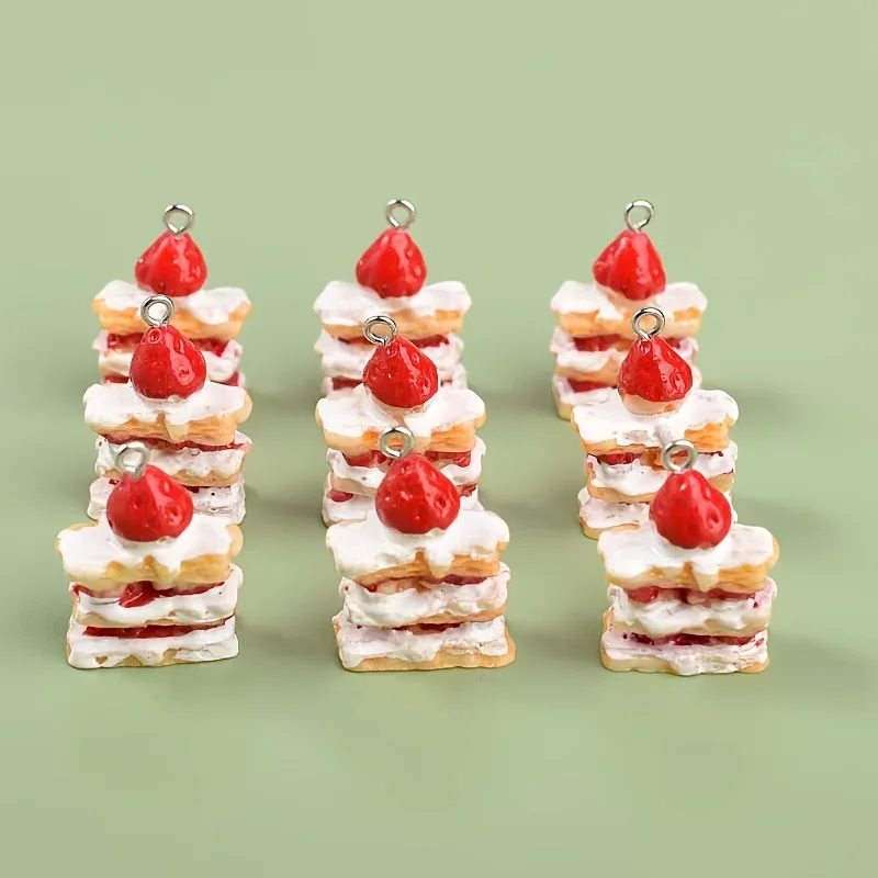 10pcs 3D Strawberry Cake Charms Resin Pendants for Jewelry Making, Cute Strawberry Charms for Earrings,Necklaces, Keychains