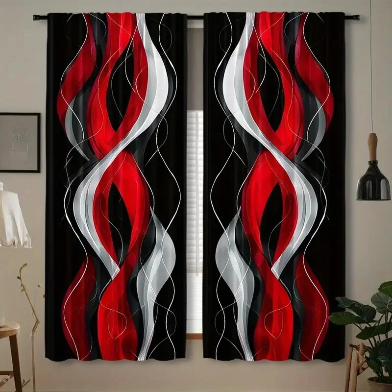 

2pcs red and black living room decor Curtains - Rod Pocket Window Drapes. Modern Window Treatments