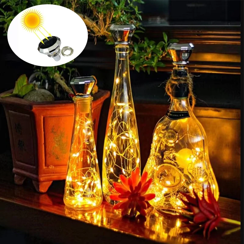 Solar Diamond Wine Bottle Light 20LED Outdoor Waterproof Fairy Light String 3 Colors for Garden, Patio, Party Decoration