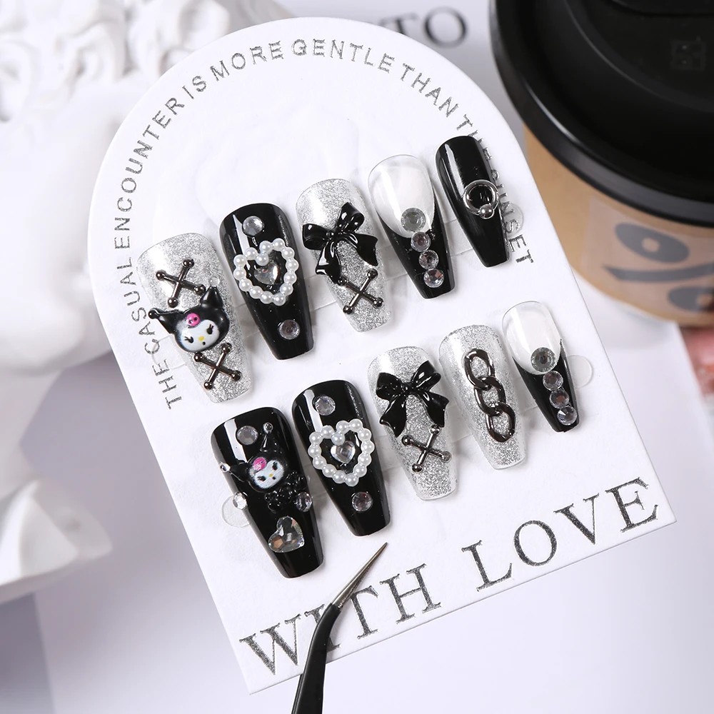 24Pcs Black Punk Style Press On Nails Medium Square Acrylic False Nails with 3D Cross/Bow/Kuromi Ornaments Cool Girls Nail Patch