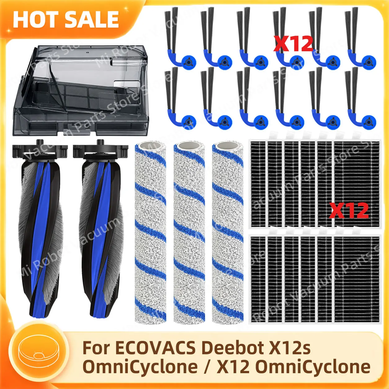 Ersatzteile kompatibel mit ECOVACS Deebot X12s OmniCyclone / X12 OmniCyclone Hauptbürste Seitenbürste Filter Staubbehälter und Wischtuch