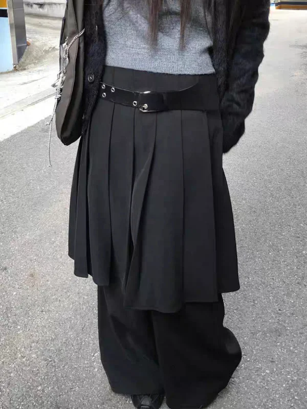 Loose Wide Leg Pants Floor-Length Tuxedo Design Casual High Waist Pleated Skirt Suit Two-Piece Look Daily Wear for Girls WJ595