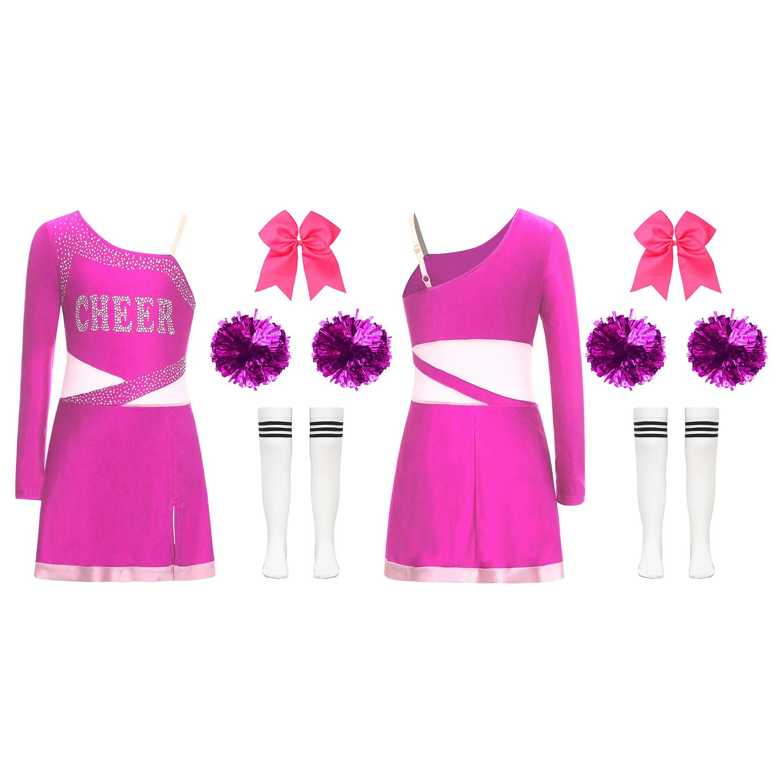 

Cheer Leading Dance Performance Outfits Rhinestones Dance Dress with Hair Tie Hand Flowers And Striped Knee High Tube Socks Set