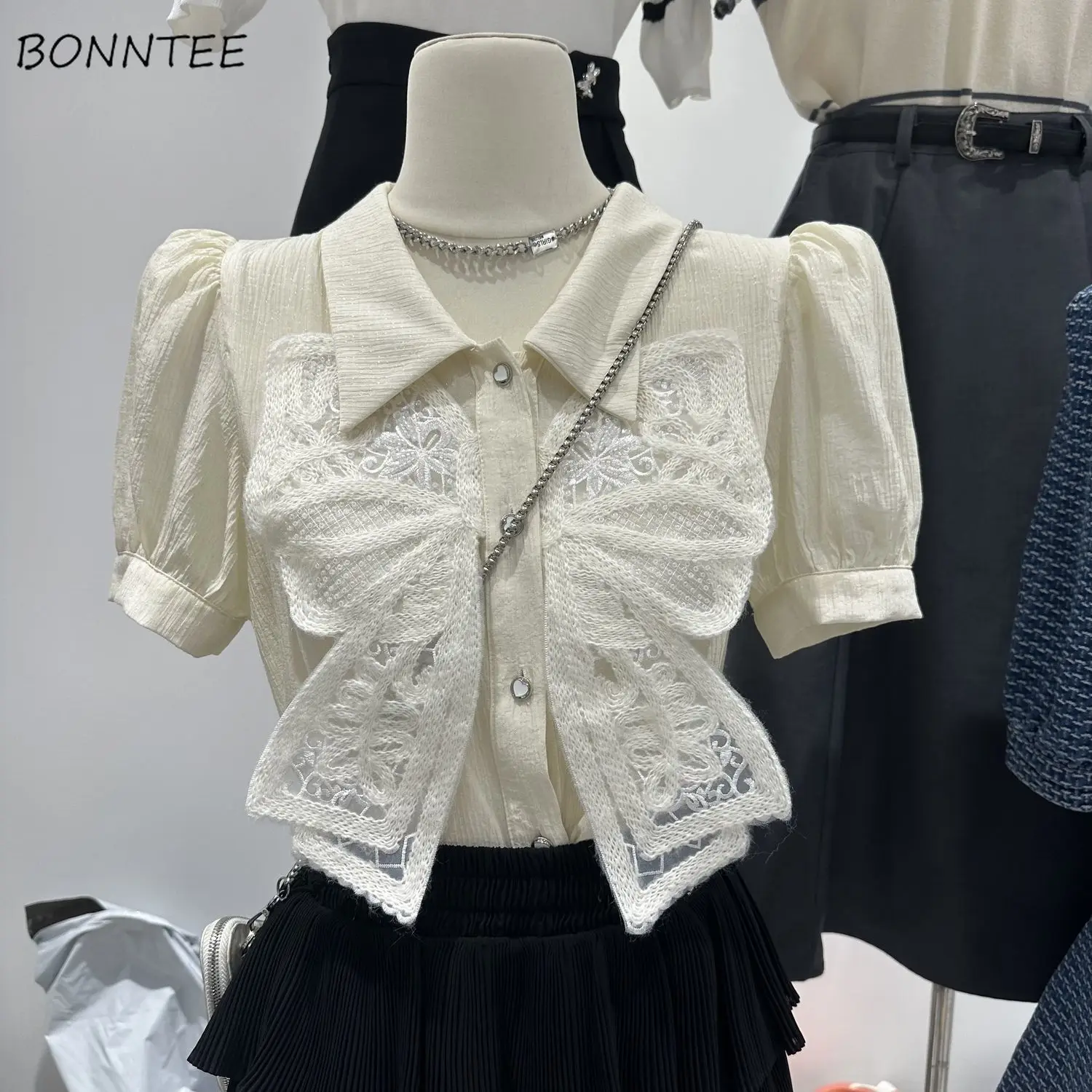 

Shirts Women Bow Lace Short Sleeve French Style Solid Summer Elegant Office Ladies Commuting Stylish Retro Ins Aesthetic Tender