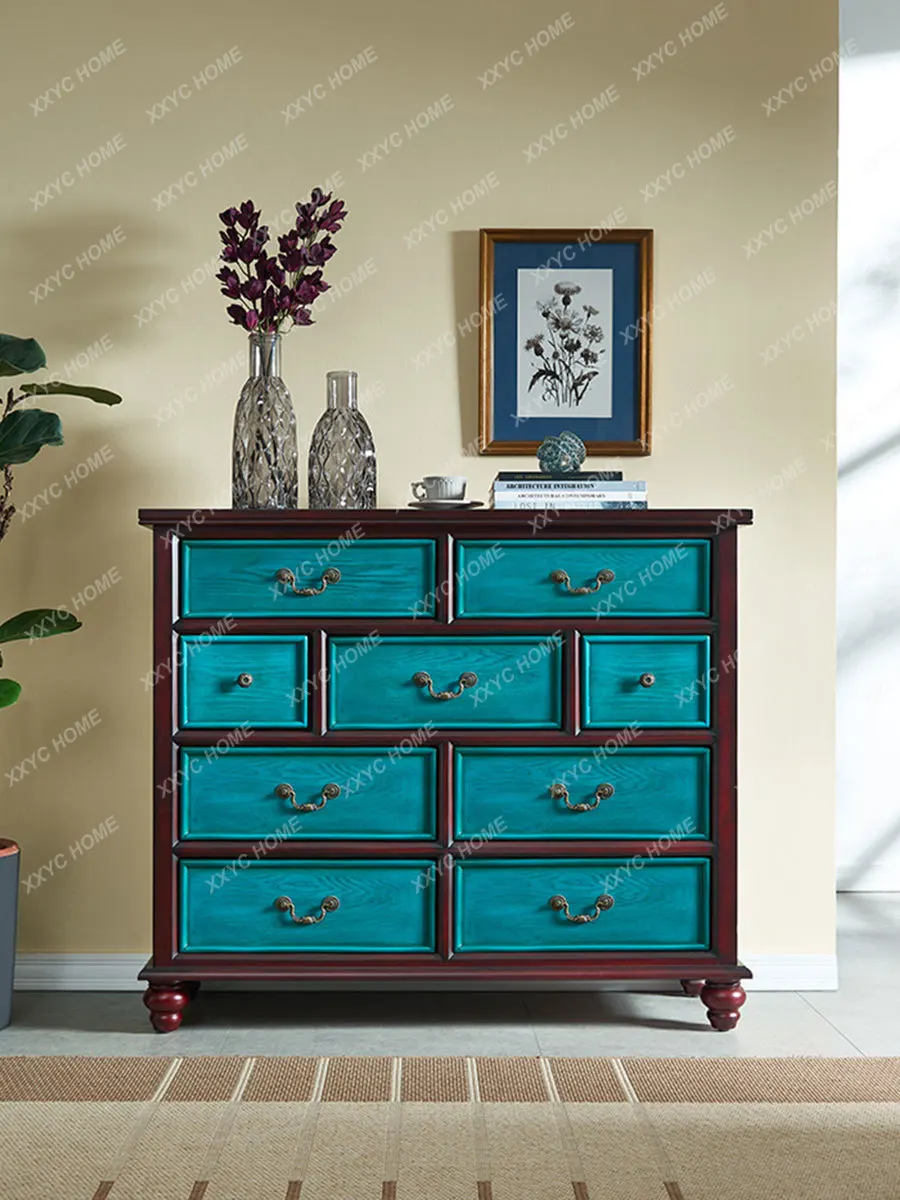 

Chest of Drawers Solid Wood Living Room Entrance Cabinet Bedroom Locker Vintage Painted Storage Nine-Drawer Cabinet