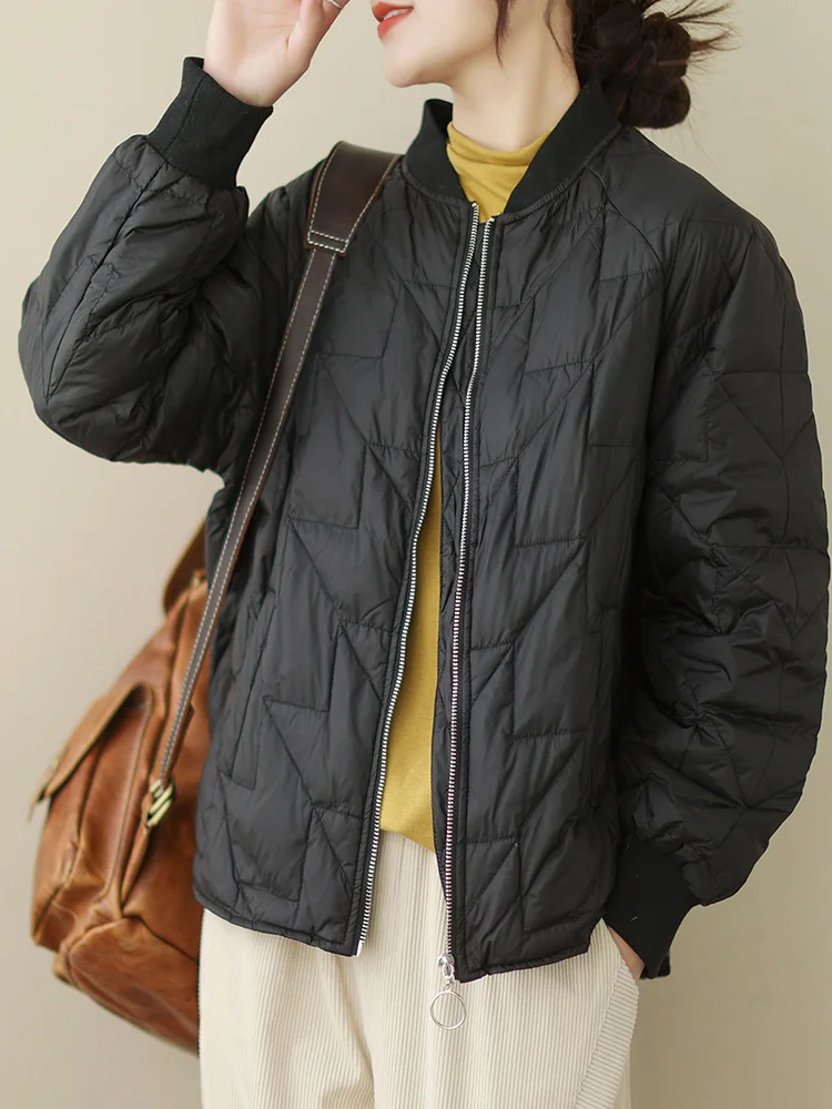 

Japanese Sle Lightweight down Cotton Jaet Women Winter Loose Retro Collar Thiened Warm Baseball Coat Long Sve Regula...