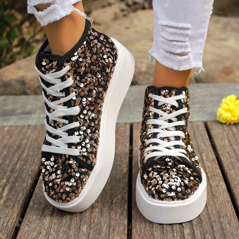 2024 Women's Simple Lace Up High Top Casual Shiny Fine Glitter Flat Shoes Casual Shoes Sneakers Summer Flat Shoes Zapatos