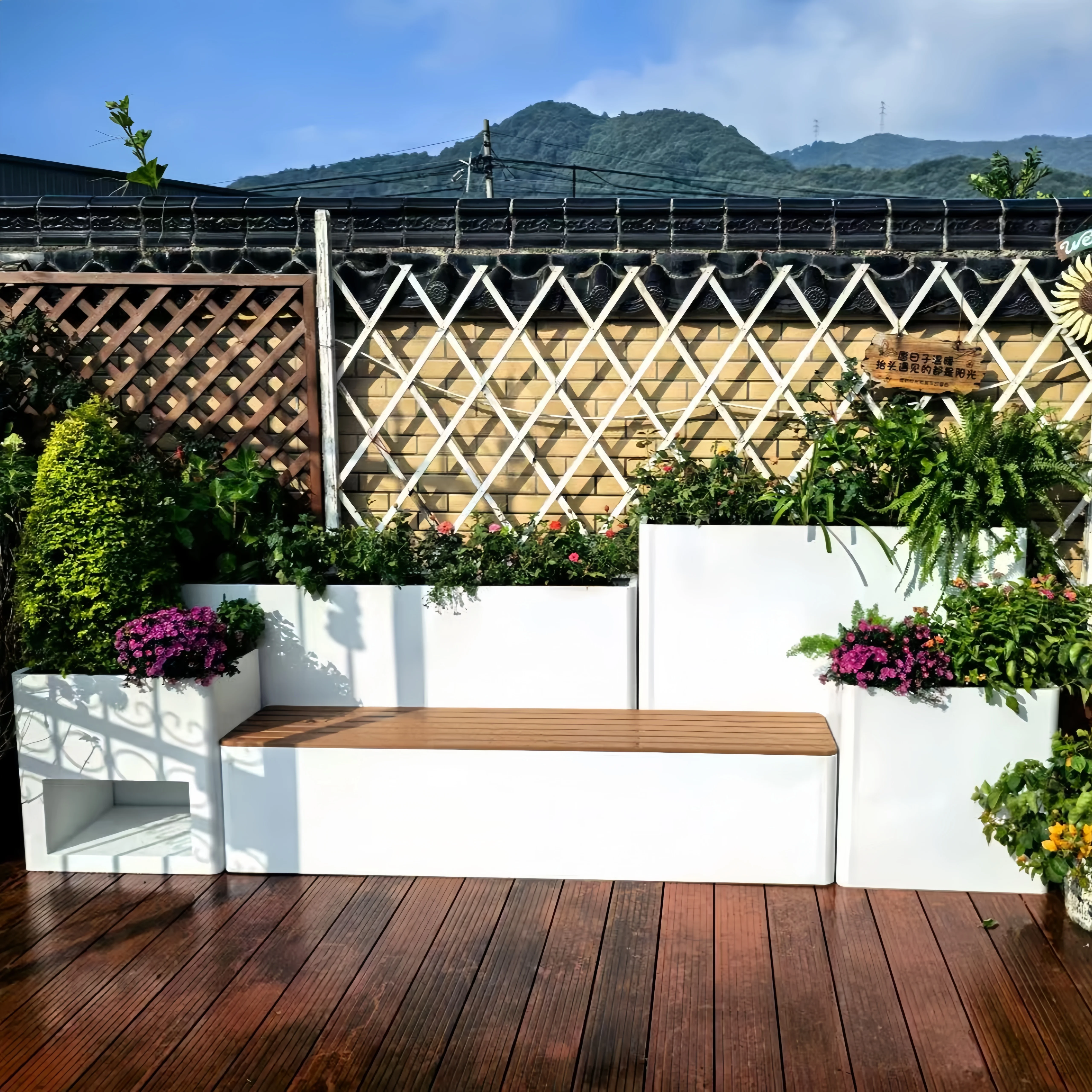 صندوق زهور من الحديد المطاوع في الهواء الطلق، مزيج مقعد، مربع الشارع التجاري، صندوق زهور من الفولاذ المقاوم للصدأ باللون الأخضر #3