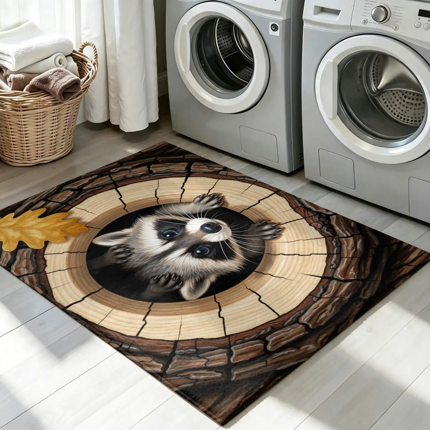 1Pc 2D Printed Log-Raccoon Pattern Nordic Carpet, Instagram-Inspired Modern Minimalist Geometric Striped Floor Mat, Home Decor, Multi-Size, Machine Washable, Suitable for Entrance, Dining, Foyer, Bedroom, Living Room