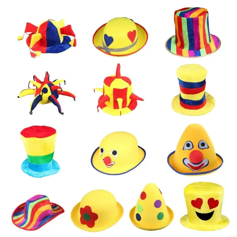 N5KB Rainbow Color Circus Clown Hat Vintage Flat Top Hat Clown Felt Christmas Cosplay Clown Hat Show Accessories