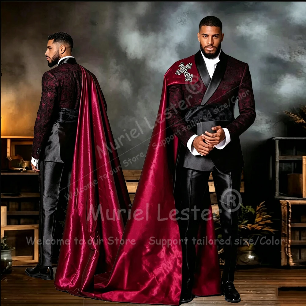 Attractive Groom Tuxedo Suit Set For Wedding Floral Jacquard Men's Prom Blazer With Cape Long Customized 2 Piece Costumes Hommes