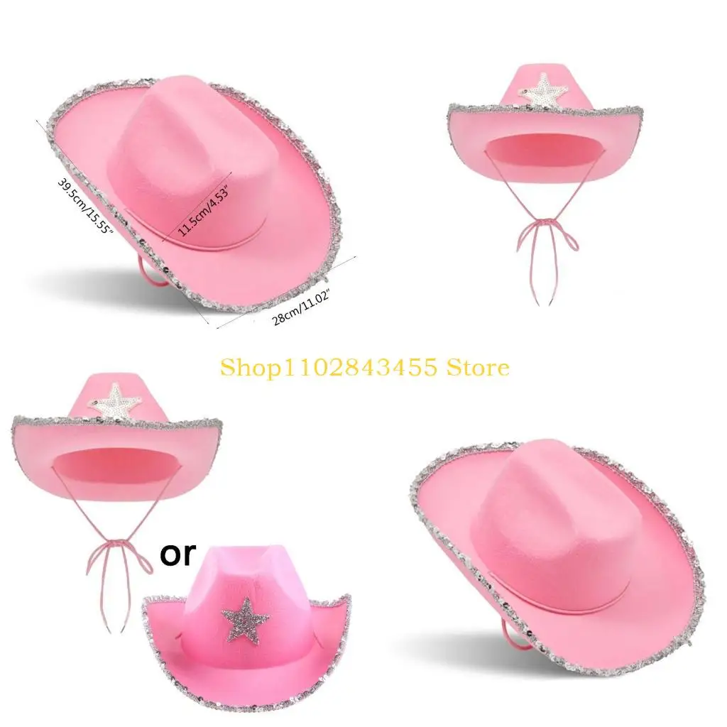 49MC Pink Cowgirl Hat Cowboy Hat with Sequins Trim Fits Most Women and Girls