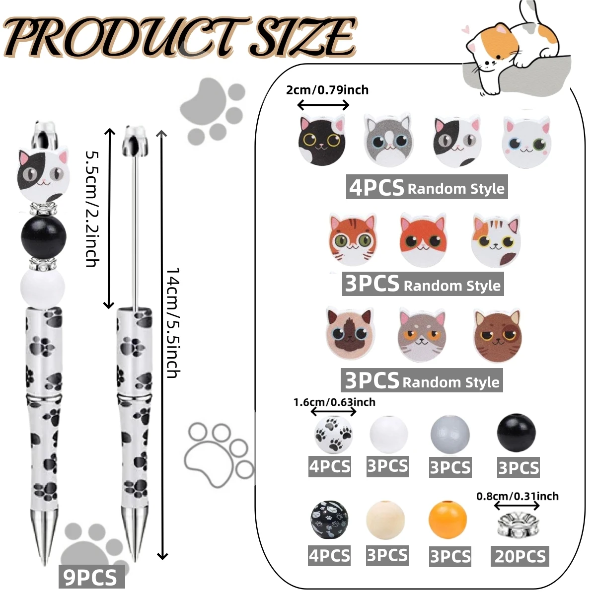 9 PCS of colorful cute cat themed DIY bead black ink ballpoint pen and wooden bead set, with 10 cute cat wooden beads