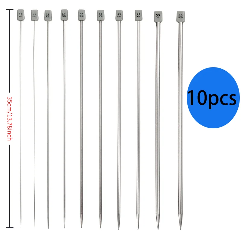 35cm Long Stainless Steel Single-Pointed Knitting Needles, 10-Piece Set, Including Sizes 2/2.5/3.5/4.5/5.5, Suitable for Knitting Enthusiasts, DIY Knitting Tools, for Knitting Scarves, Hats, Shoes