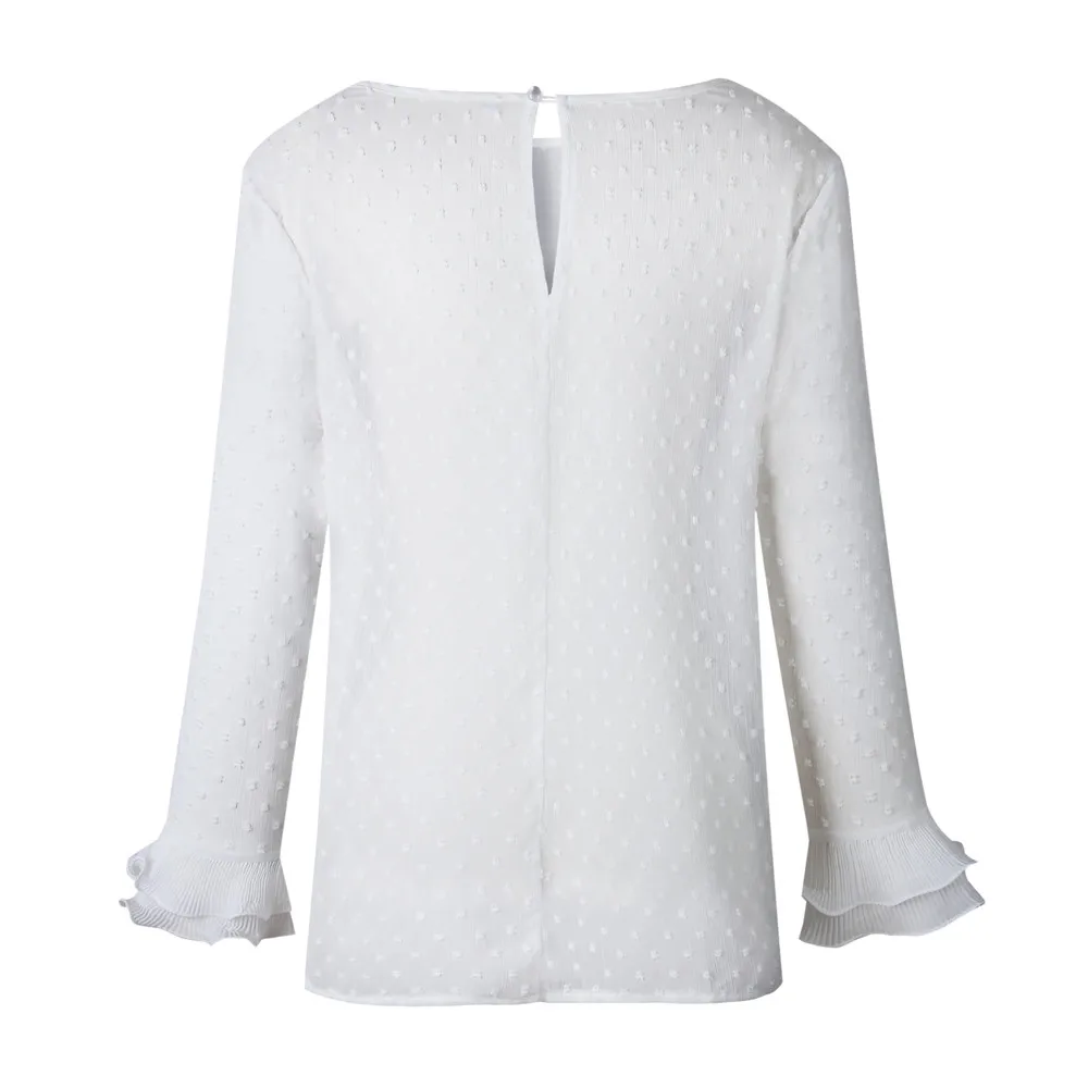 Elegant Women Jacquard White Blouse Ruffles Long Sleeve Lady Blouse Round Neck Autumn Winter Female Top