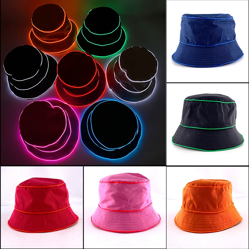 Luminous Neon LED Mężczyźni Kobiety Jednokolorowe kapelusze wiadro Hip Hop Panama Cap Fisherman Hats Cotton Outdoor Summer Casual Fishing Cap