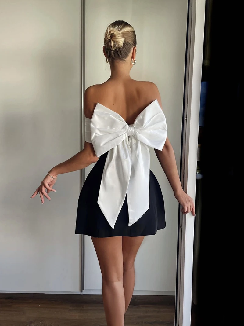 

Элегантное шикарное мини-черное платье с открытыми плечами и бантом, женские выпускные платья для выпускного вечера, халаты для выпускного вечера, платье трапециевидной формы