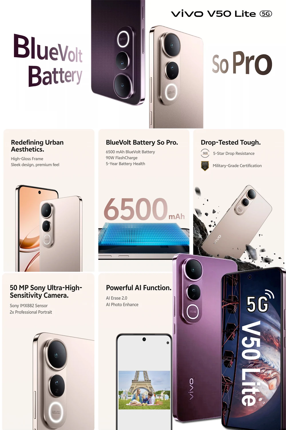 Global version of the original Vivo V50 Lite 5G durable smartphone Google/12GB+512GBc storage space is not refundable/6500mAh