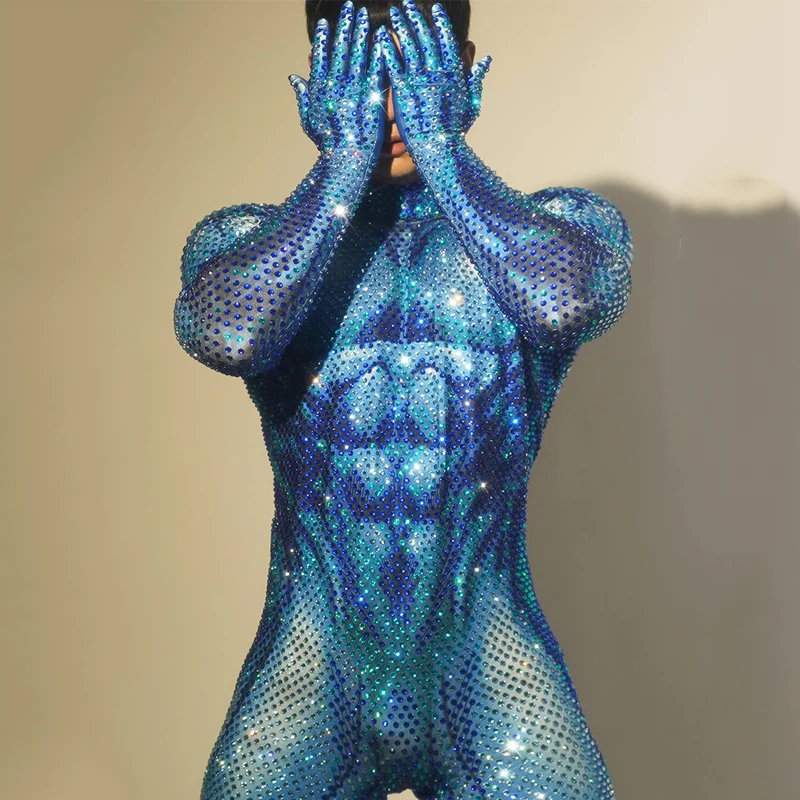 2024 Rhinestones Jumpsuit Blue Elastic Long Sleeved One-Pieces Nightclub Bar Dj Performance Stage Costumes Gogo Dancers Outfits