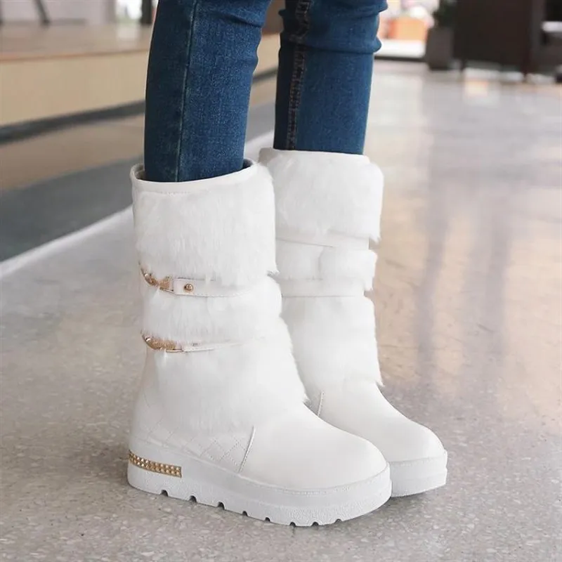 

Женские меховые сапоги средней длины, зимние ботинки большого размера, повседневные повседневные ботинки с металлическим элементом, верх из синтетической кожи, внутренняя часть свиной кожи