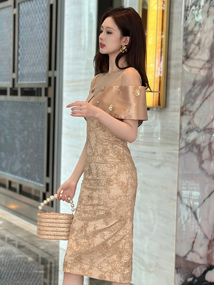Elegante prachtige avondjurk dames Franse pailletten bloem pure mesh sexy feestjurk vrouwelijke vintage prom gewaad banket vestido