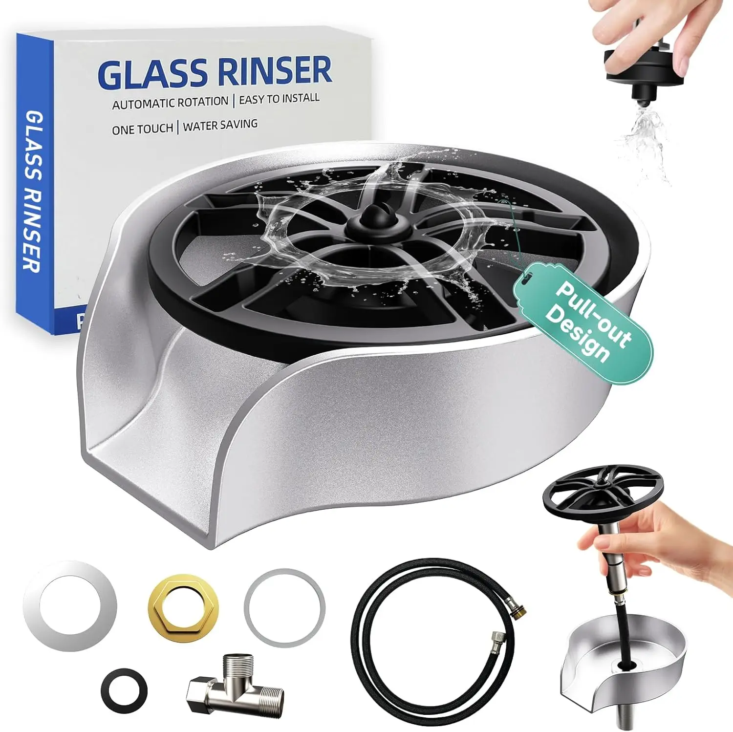 

Glass Rinser for Kitchen Sink, High Pressure 360 Degree Rotating Spout Glass Rinser with Pull-out Spray Gun Design, Glass Cup Cl