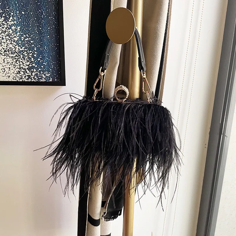 Designer Luxury Ostrich Feather Party Evening Clutch Bag Women Wedding Purses and Handbags Shoulder pearl Chain Shoulder Bag