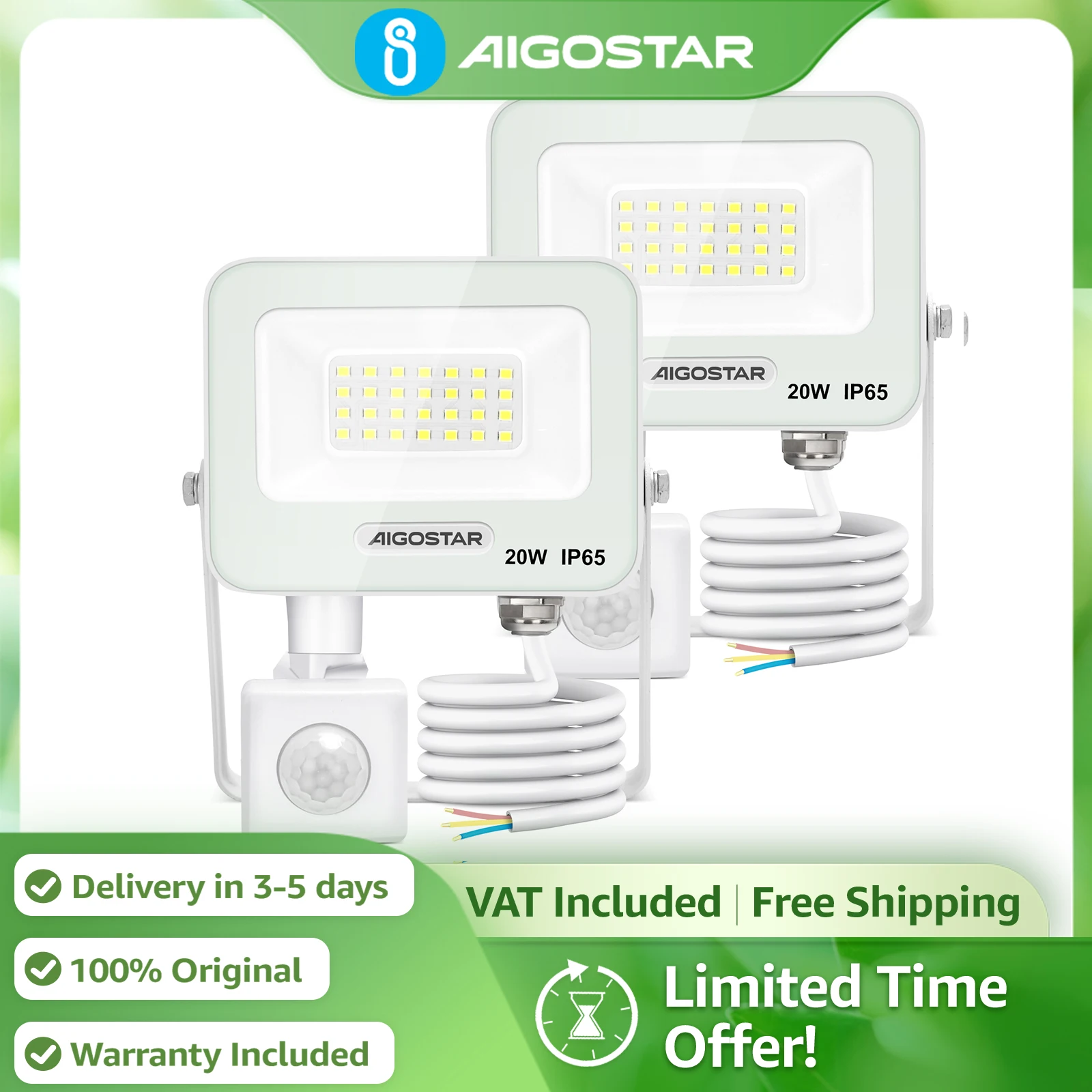 Aigostar 2x Foco LED Sensor PIR 20W | Super Brillo 1650LM IP65 | Luz de Seguridad 4000K Exterior