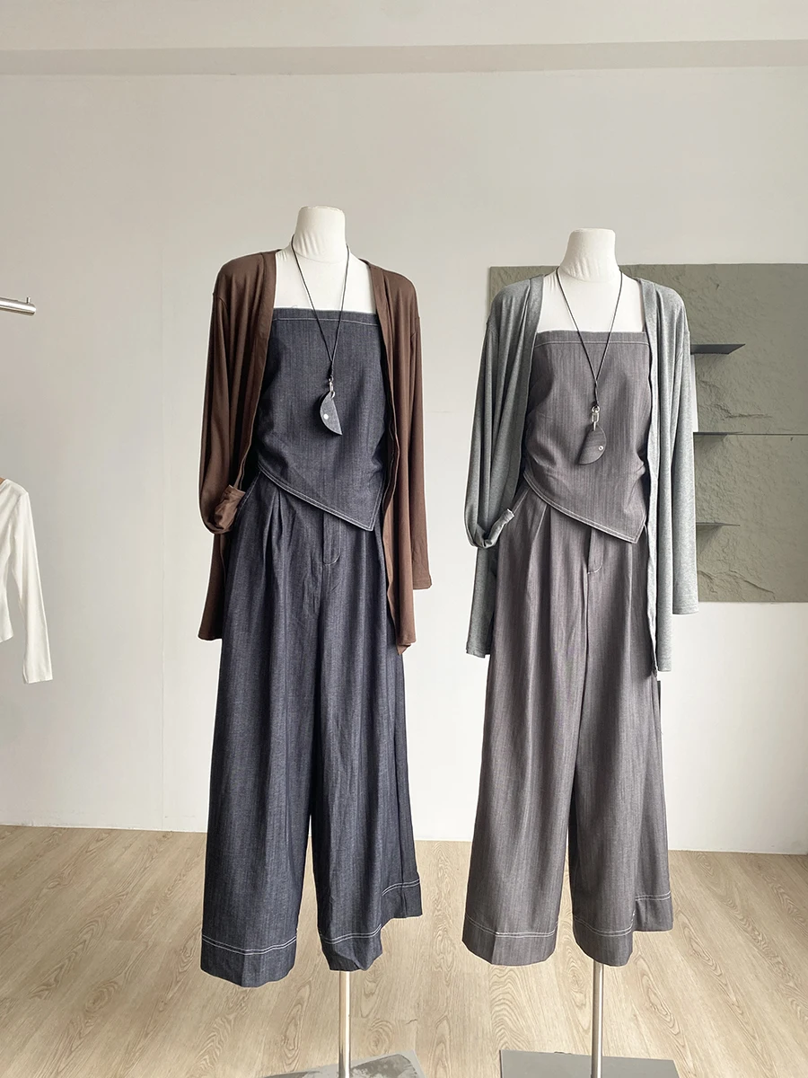 

Ladies High Waist Pure Color Lazy Feel Cardigan Slim Fit Tank Top And Casual Pants Three Piece Set Fashionable Commute Style