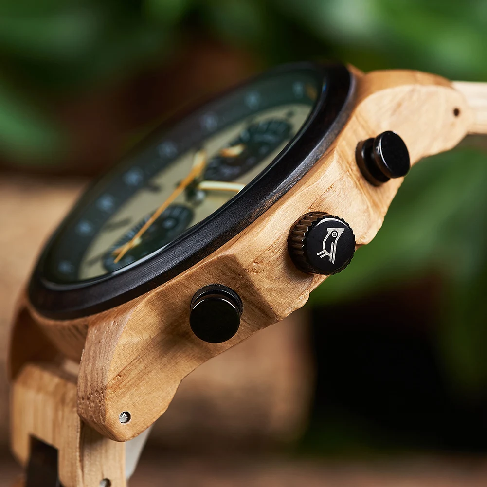 BOBO BIRD Men\'s Wooden Watches Fashion Quartz Wrist Watch For Men Chronograph Clock With Wood Gift Box Reloj Hombre Custom