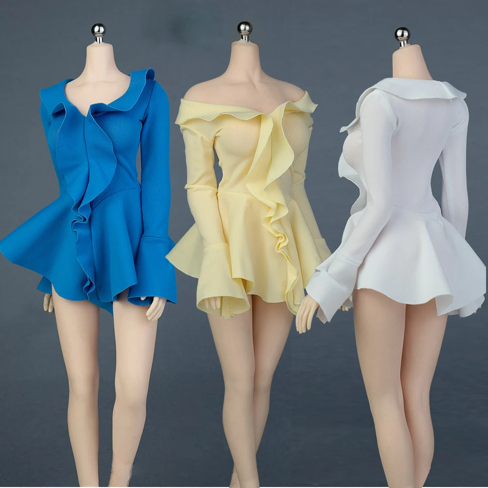 New 1/6 Scale Sweet Gir Off-shoulder Flared Sleeve V-neck Dress Clothes Model Fit 12