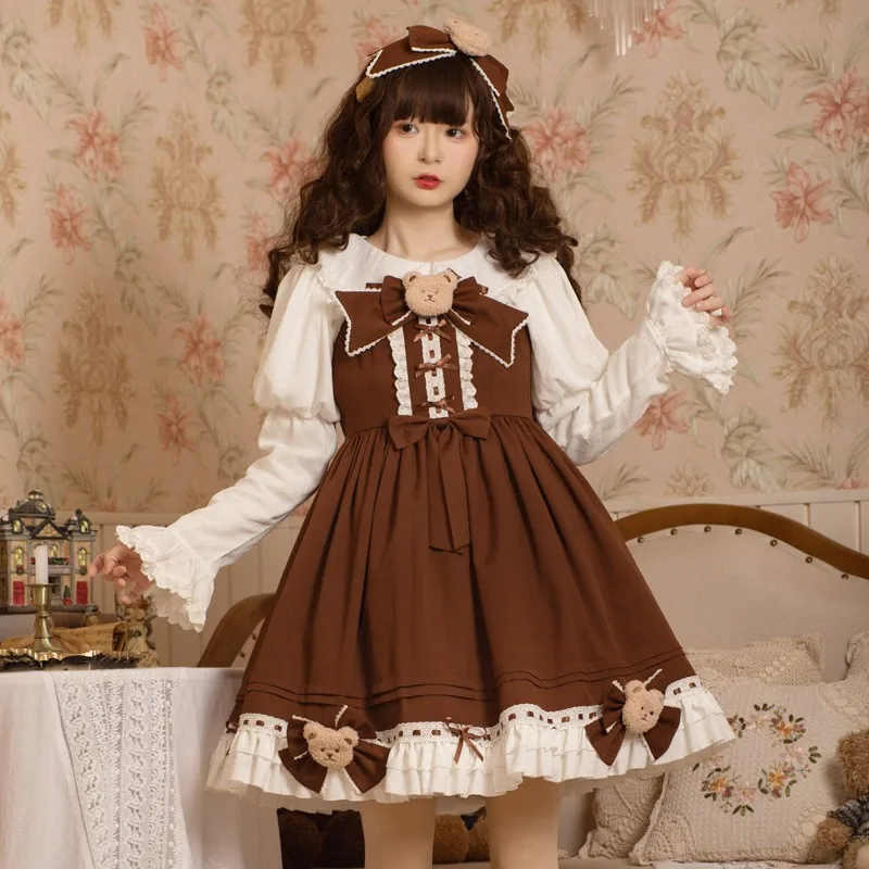 

Винтажное платье Kawaii Lolita JSK, Женское зимнее японское платье средней длины с милым медведем, плюшевый Карманный, вельветовое платье на бретелях, коричневое мягкое вечерние для девочек