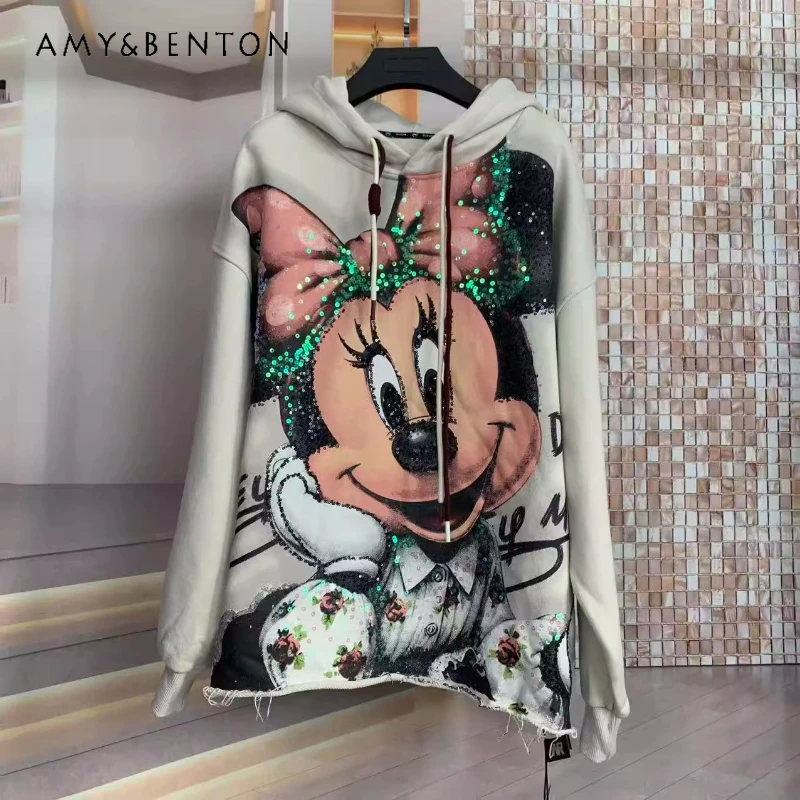 

Trendy Brand Autumn New Heavy Industry Beaded AB Face Cartoon Youthful Hoodies Fashionable Loose Hooded Sweatshirt For Women